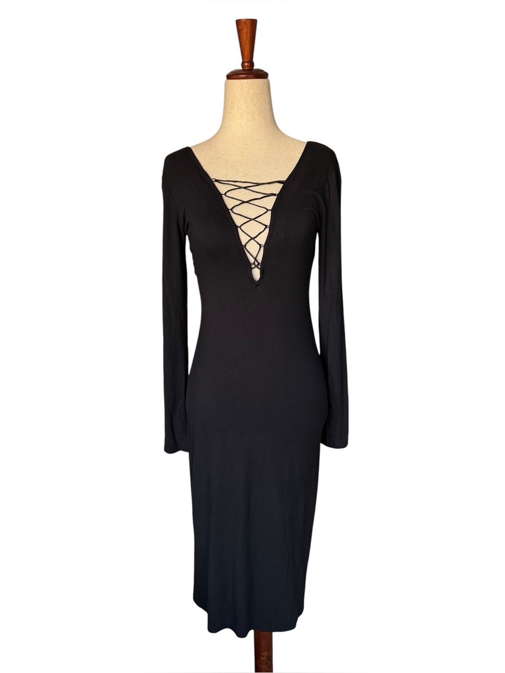 NWT Forever 21 Black Lace Up V Neck Open Back Midi Dress Halloween Vampire Goth